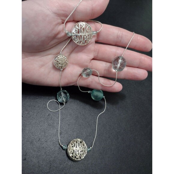 Silver tone and blue bead necklace 36" - Picture 6 of 12